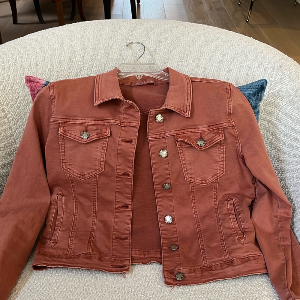 Distressed terra cotta (rusty blush) soft denim jacket with stretch
